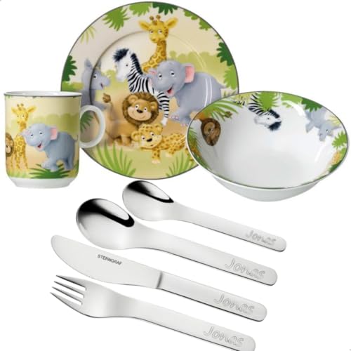 Sterngaf Kinderset Dschungel-Tiere 7tlg. MIT Gravur (z.B. Namen) personalisiertes Kinderbesteck + Kindergeschirr Tiere (Teller, Becher, Schale) von Sterngraf