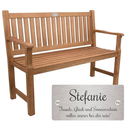 Sterngraf Bank mit Gravur-Schild zB. Wunschtext (Namen/Spruch), Gartenbank 120cm Holz Armlehnen-Bank, Edelstahlschild personalisiert Geschenk-Idee Geburtstag Hochzeit Jubiläum von Sterngraf
