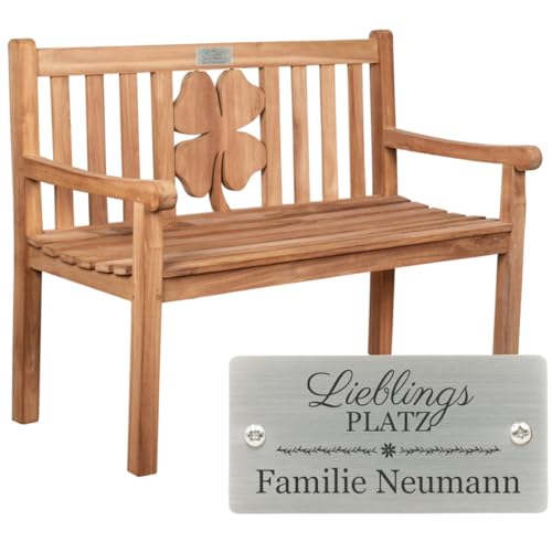 Sterngraf Bank mit Gravur zB Schild Lieblingsplatz (Namen), Friesenbank Kleeblatt 120cm, Edelstahlschild personalisiert Teakholz-Gartenbank Geschenk-Idee Geburtstag Hochzeit UVM. von Sterngraf