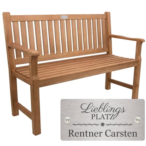 Sterngraf Bank zum Ruhestand mit Gravur-Schild zB. Lieblingslatz (Name), Gartenbank 120cm Holz Armlehnen-Bank, Edelstahlschild personalisiert Geschenk-Idee für Rentner zur Pensionierung von Sterngraf