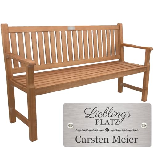 Sterngraf Bank zum Ruhestand mit Gravur-Schild zB. Lieblingsplatz (Namen), Gartenbank 150cm Holz Armlehnen-Bank, Edelstahlschild personalisiert Geschenk-Idee für Rentner von Sterngraf