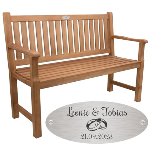 Sterngraf Bank zur Hochzeit mit Gravur-Schild zB. Ringe (Namen/Datum), Gartenbank 120cm Holz Armlehnen-Bank, Edelstahlschild personalisiert Hochzeitsgeschenk Trauung von Sterngraf