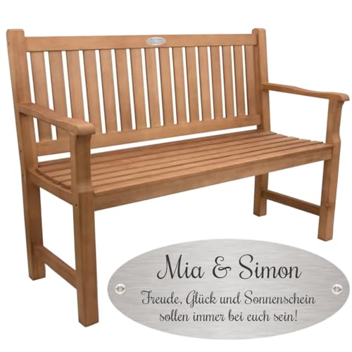 Sterngraf Bank zur Hochzeit mit Gravur-Schild zB. Wunschtext (Namen/Spruch), Gartenbank 120cm Holz Armlehnen-Bank, Edelstahlschild personalisiert Hochzeitsgeschenk Trauung von Sterngraf