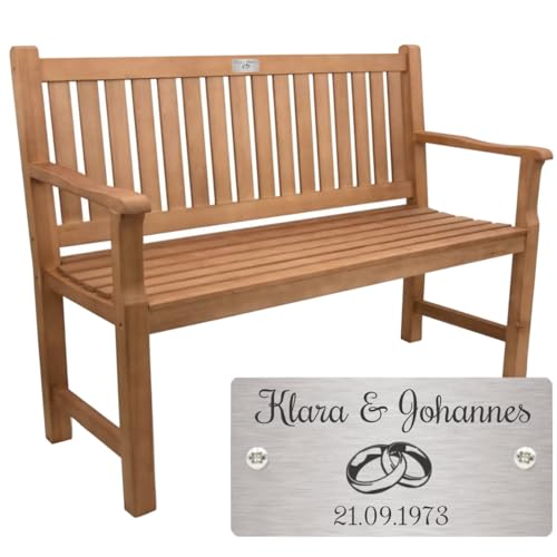 Sterngraf Bank zur goldenen Hochzeit mit Gravur-Schild zB. Ringe (Namen/Datum), Gartenbank 120cm Holz Armlehnen-Bank, Edelstahlschild personalisiert Geschenk-Idee Jubiläumsbank 50. Hochzeitstag von Sterngraf