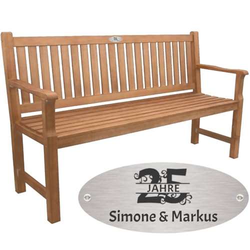 Sterngraf Bank zur silbernen Hochzeit mit Gravur-Schild zB. Zahl (Namen), Holz Gartenbank 150cm, 3-Sitzer Armlehnen-Bank, Edelstahlschild personalisiert Geschenk 25. Hochzeitstag von Sterngraf