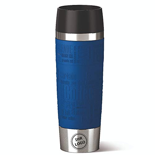 Sterngraf Emsa Isolierbecher MIT Gravur - (z.B. Logo) - TRAVEL Mug Grande XXL Manschette Blau, 500ml, 4h heiß/ 8h kalt, 100% dicht, auslaufsicher, Kaffee & Tee Thermo to-go-Becher von Sterngraf