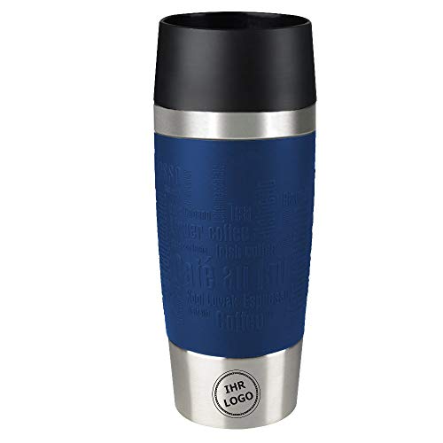 Sterngraf Emsa Isolierbecher MIT Gravur - Logo - TRAVEL Mug 360ml Manschette Blau, 4h heiß/ 8h kalt, 100% dicht, auslaufsicher, Kaffee & Tee Thermo to-go-Becher von Sterngraf