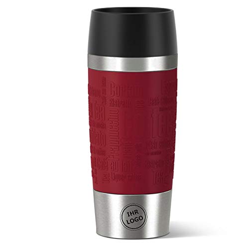 Sterngraf Emsa Isolierbecher MIT Gravur - Logo - TRAVEL Mug 360ml Manschette Rot, 4h heiß/ 8h kalt, 100% dicht, auslaufsicher, Kaffee & Tee Thermo to-go-Becher von Sterngraf