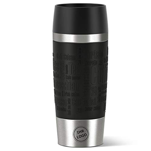 Sterngraf Emsa Isolierbecher MIT Gravur - Logo - TRAVEL Mug 360ml Manschette Schwarz, 4h heiß/ 8h kalt, 100% dicht, auslaufsicher, Kaffee & Tee Thermo to-go-Becher von Sterngraf