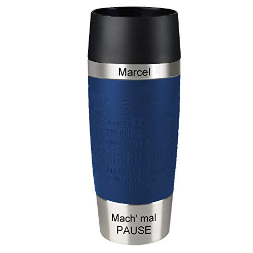 Sterngraf Emsa Isolierbecher MIT Gravur - Oben & UNTEN - (z.B. Namen) TRAVEL Mug 360ml Blau, 4h heiß/ 8h kalt, 100% dicht, auslaufsicher, Kaffee & Tee Thermo to-go-Becher von Sterngraf