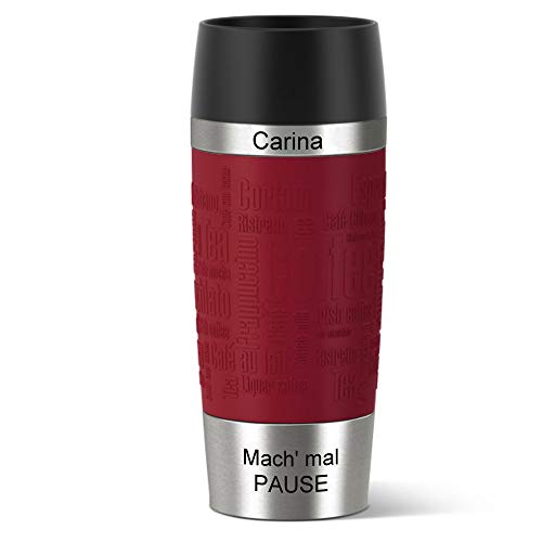 Sterngraf Emsa Isolierbecher MIT Gravur - Oben & UNTEN - (z.B. Namen) TRAVEL Mug 360ml Rot, 4h heiß/ 8h kalt, 100% dicht, auslaufsicher, Kaffee & Tee Thermo to-go-Becher von Sterngraf