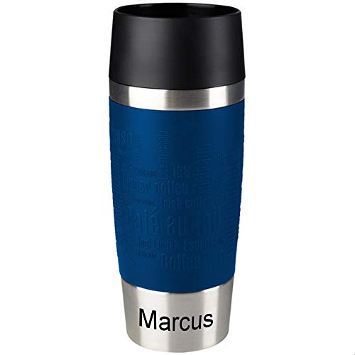 Sterngraf Emsa Isolierbecher MIT Gravur - UNTEN - (z.B. Namen) TRAVEL Mug 360ml Blau, 4h heiß/ 8h kalt, 100% dicht, auslaufsicher, Kaffee & Tee Thermo to-go-Becher von Sterngraf