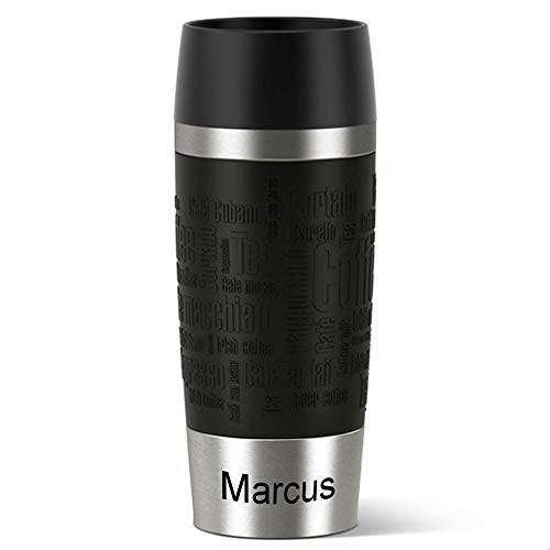 Sterngraf Emsa Isolierbecher MIT Gravur - UNTEN - (z.B. Namen) TRAVEL Mug 360ml Schwarz, 4h heiß/ 8h kalt, 100% dicht, auslaufsicher, Kaffee & Tee Thermo to-go-Becher von Sterngraf