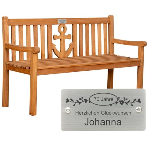 Sterngraf Geburtstagsbank mit Gravur zB Ranke Zahl (Namens-Gravur), Gartenbank Anker 150cm Teakholz 3-Sitzer Bank, Edelstahlschild personalisiert Geschenk-Idee Jubiläum/Geburtstag von Sterngraf