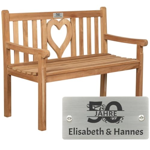 Sterngraf Goldene Hochzeit Bank mit Gravur zB Zahl (Namen), Gartenbank Woodie Herz 120cm, Edelstahlschild personalisiert, Geschenk-Idee 50. Hochzeitstag Teakholz Bank von Sterngraf