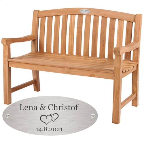 Sterngraf Hochzeitsbank mit Gravur-Schild zB. Herzen (Namen/Datum), Teakholz Gartenbank Woodie 120cm, Edelstahlschild personalisiert Geschenk-Idee für Paare zur Hochzeit von Sterngraf