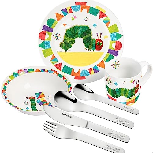 Sterngraf Kinder-Set Raupe Nimmersatt 7tlg. mit Gravur (z.B. Namen) personalisiertes Kinderbesteck + Kindergeschirr (Teller, Schale, Tasse) von Sterngraf