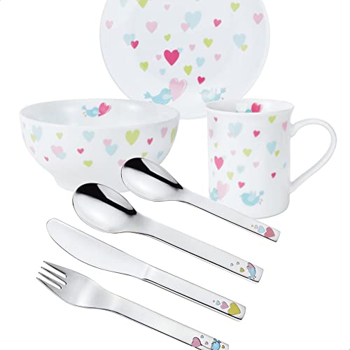 Sterngraf Kinderset Cora Herzen 7tlg. mit Gravur auf der Besteck-Rückseite (z.B. Namen) Kinderbesteck + Kindergeschirr (Teller, Schale, Tasse) von Sterngraf