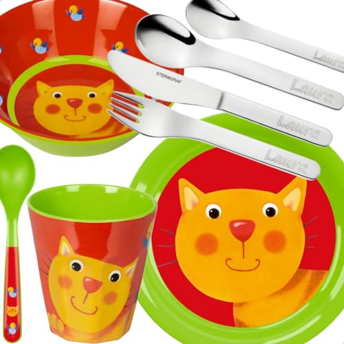 Sterngraf Kinderset Katze 7tlg. mit Gravur (z.B. Namen) personalisiertes Kinderbesteck Tiere mit Namensgravur + Kindergeschirr (Teller, Becher, Schale) von Sterngraf