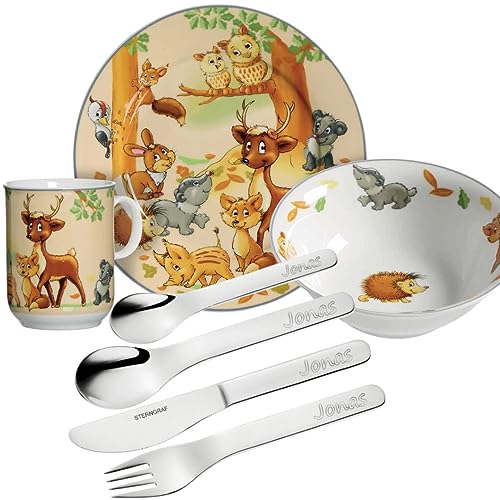 Sterngraf Kinderset Waldtiere 7tlg mit Gravur (z.B. Namen) personalisiertes Kinderbesteck + Kindergeschirr (Teller, Becher, Schale) von Sterngraf