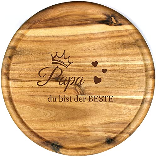 Sterngraf Pizzateller 32 cm mit Gravur Papa du bist der Beste, Holz Pizzateller - Geschenkidee zum Geburtstag, Geschenke zum Vatertag, Akazienholz, Krone Herz MotivP12o von Sterngraf