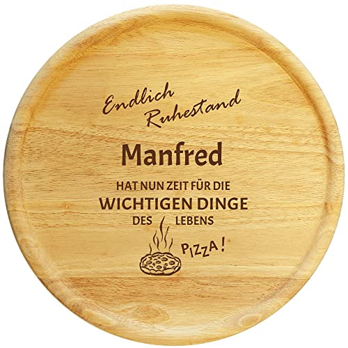 Sterngraf Pizzateller mit Gravur (Namen) 32cm - Geschenkidee zur Rente, Firma Abschiedsgeschenk Kollegen, personalisiertes Holz Pizzabrett Rentenspruch Motiv P28 Ruhestand von Sterngraf