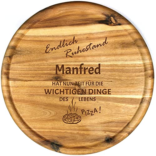Sterngraf Pizzateller mit Gravur (Namen) personalisiertes Holz Pizzabrett 32cm Akazienholz - Geschenkidee zur Rente, Firma Abschiedsgeschenk Kollegen, Rente Spruch Motiv P28 Ruhestand von Sterngraf