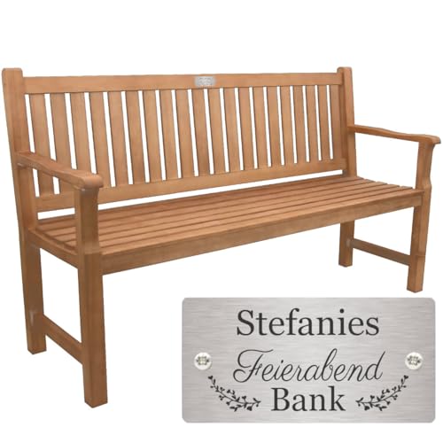 Sterngraf Rentnerbank mit Gravur-Schild zB. Feierabend Bank (Namen), Gartenbank 150cm Holz Armlehnen-Bank, Edelstahlschild personalisiert Geschenk-Idee Ruhestand/Rente von Sterngraf