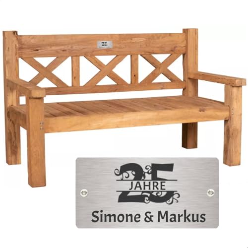 Sterngraf Silber Hochzeit Bank mit Gravur-Schild zB. Zahl (Namen) Teakholz Gartenbank Rustique 160 cm, Edelstahlschild personalisiert, Geschenk-Idee zum 25. Hochzeitstag von Sterngraf