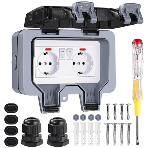 Außensteckdose Wasserdicht 2 Fach Outdoor Steckdose IP66 mit Schalter Kontrollleuchte, Aussensteckdose Wandsteckdose Gartensteckdose mit Abschließbar Klappdeckel für Garten Außenbereich Feuchträume von Sternhell