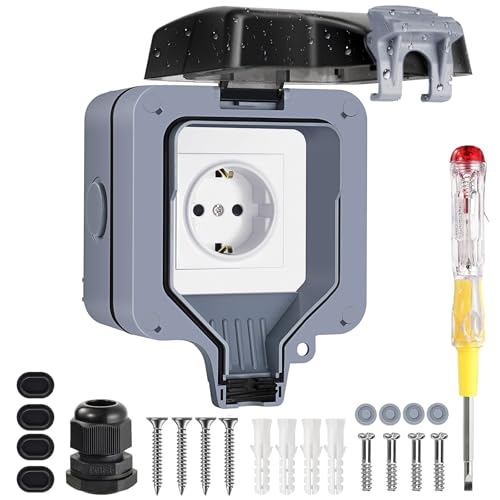 Aussensteckdose Wasserdicht IP66 Outdoor Steckdose,1 Fach Außensteckdose Aufputz Wetterfest Gartensteckdose Schutzkontakt Wandsteckdose mit Klappdeckel für Feuchtraum Gärten Mini CD Play Steckdose von Sternhell