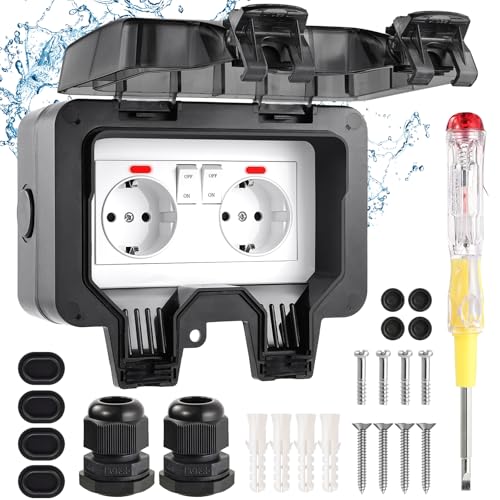 Aussensteckdose Wasserdicht IP66 Outdoor Steckdose mit Schalter Kontrollleuchte, 3680W Wetterfest Außensteckdose Aufputz Wand Garten Steckdose mit Klappdeckel inklusive Gärten Schwimmbad Aussenbereich von Sternhell