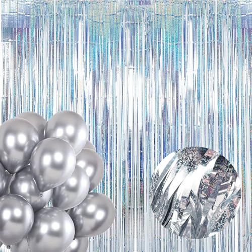 Lametta Vorhang Silber mit 20 Luftballons, 2 Folie Fransen Glitzer Vorhang Schimmer, Metallic Tinsel Vorhänge Hintergru Fringe Glitzervorhänge Fransenvorhang Metallfolie fur Party Deko Geburtstagsdeko von Sternhell