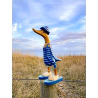 Runner Duck With Hat & Flip Flops in A Dark Blue Mint Striped Swimsuit 28 cm High von Sternschnuppe1985
