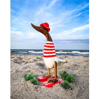 Runner Duck With Hat & Flip-Flops in Red White Stripes Approx. 35 cm High von Sternschnuppe1985