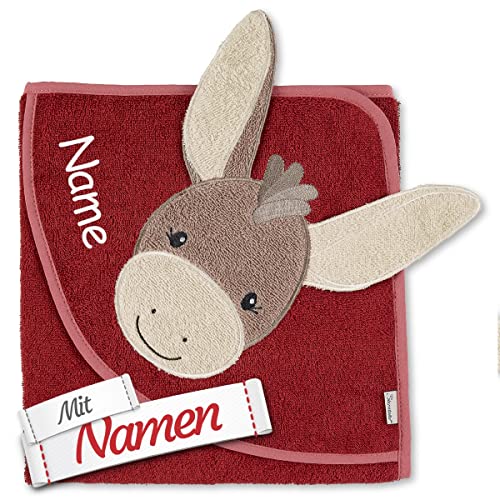 Sterntaler bestickt by LALALO Kapuzenhandtuch Esel Emmily & Emmilius mit Namen bestickt für Baby & Kinder, Frottee Badetuch Badehandtuch/Kinder-Badetuch mit Kapuze personalisiert, 80x80 Mädchen Rot von Sterntaler