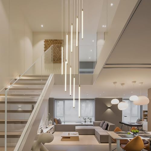 Stesulfr Kronleuchter Modern LED Treppenhaus 9 Lichter Lange Foyer Hängelampe für hohe Decken Schwarze lineare Pendelleuchte mit Fernbedienung Dimmbare hohe Deckenbeleuchtung für Treppen Wohnzimmer Ei von Stesulfr