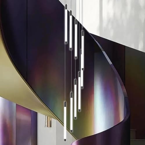 Stesulfr Kronleuchter Modern LED Treppenhaus 9 Lichter Lange Foyer Hängelampe für hohe Decken Schwarze lineare Pendelleuchte mit Fernbedienung Dimmbare hohe Deckenbeleuchtung für Treppen Wohnzimmer Ei von Stesulfr
