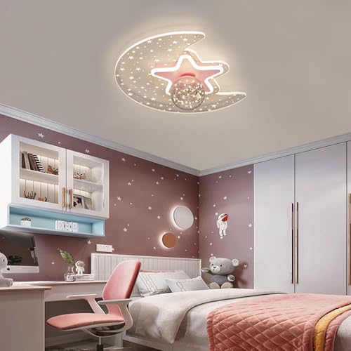 Stesulfr LED Kinder Deckenlampe Stern Mond Acryl Deckenleuchte Für Kinder Glas Lampenschirm Stufenloses Dimmen mit Fernbedienung Kreativität 40W Schlafzimmer Decke Kindergarten Beleuchtung(Pink) von Stesulfr