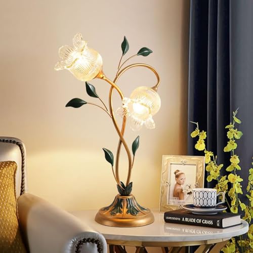 Stesulfr Moderne Tischlampe mit 2 Lichtern goldene Nachttischlampe antike grüne Blatt Dekorationskunstlampe Blumenform Glas Plug in Schreibtischlampe für Schlafzimmer Wohnzimmer Büro Beistelltisch Ess von Stesulfr
