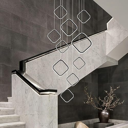 Stesulfr Moderner LED Kronleuchter großer Kronleuchter das Foyer 15 Ringe Aluminiumring dimmbare Pendelleuchte für hohe Decken mit Fernbedienung, höhenverstellbare Deckenleuchte für Treppenhaus und Wo von Stesulfr