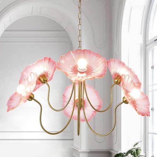 Stesulfr Vintage Kronleuchter aus floralem Glas 6 flammig große Pendelleuchte mit grünen Blumenschirmen Kronleuchter aus Goldmessing hängende Deckenleuchte für Esszimmer Kücheninsel Wohnzimmer Schlafz von Stesulfr