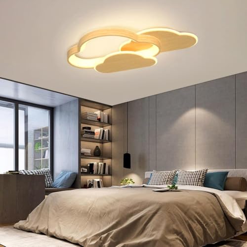 Stesulfr Wolkenförmige Deckenlampe Moderne Holz Kinderzimmerlampe 48W mit Fernbedienung LED Deckenleuchte Innen Restaurant Kronleuchter Geeignet für Wohnzimmer Arbeitszimmer Küche Insellampe(60cm) von Stesulfr