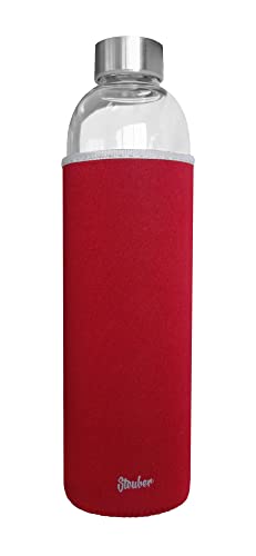 Steuber Glas-Trinkflasche mit Tasche 1000 ml, rot, mit Tragelasche, Borosilicatglas mit Schutzhülle/Edelstahldeckel, für Sport/Büro/Reisen von Steuber