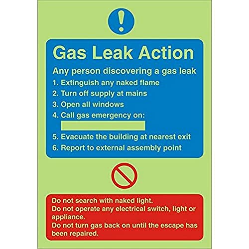 Seco Gas Leak Action Schild, 150 mm x 200 mm, nachleuchtender, 1 mm halbstarrer Kunststoff von Stewart Superior