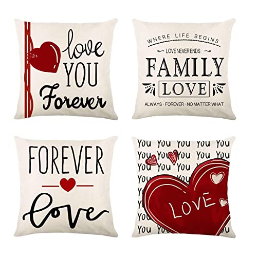 Beige Kissenbezüge, Kissenbezüge 45 x 45 Leinen 4 Stück Set Rotes Herz Liebe für Immer Familie Kissenbezüge Valentinstag Deco von Stfery