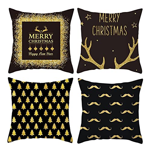 Kissenbezug Dekokissen, Kissenbezug 40x40 Gold Schwarz Weihnachten Baumgeweihbart Kissenhülle Polyester Cushion Cover 4er Set von Stfery