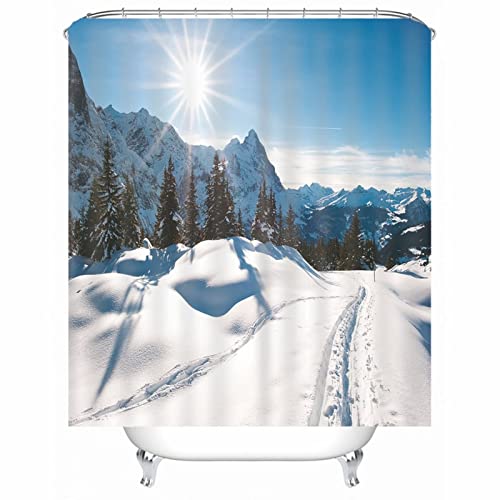 Shower Curtain Modern, Duschvorhang Motiven 180x200 Weiss Schnee Gebirgsbäume Sonne Polyester Bad Vorhang Badezimmer Deko von Stfery