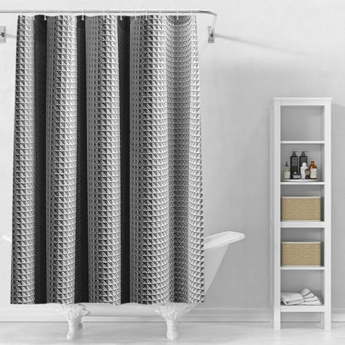 Stfery Duschvorhang Waffelmuster Weiß Anthrazit 180x200 cm - Textil Waschbar Anti-Schimmel Badevorhang von Stfery