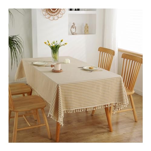 Stfery Tischdecke Quadratisch 120x120cm, Schmal Gestreifte Mit Quaste Beige Gelb, Table Cloth Mediterran, Tischdecke Abwaschbar Stehtisch von Stfery